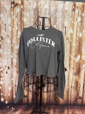 Hollister Charcoal Cropped Long-Sleeve Logo Top